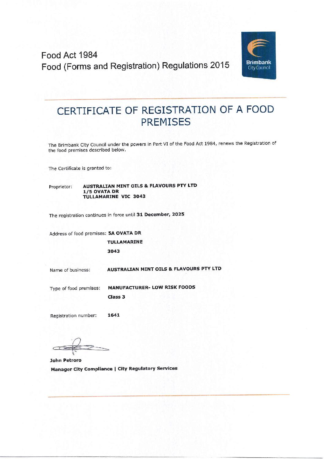 Certificate of Registration of Food Premises 2025