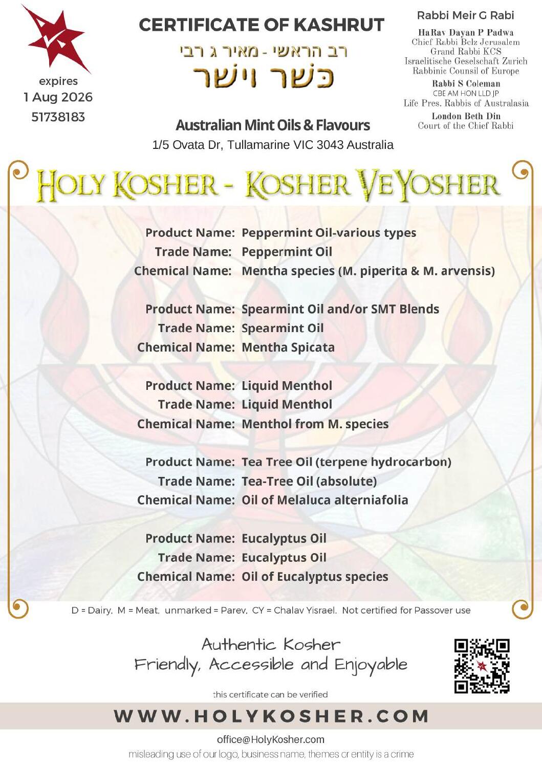AMOF Kosher Certificate
