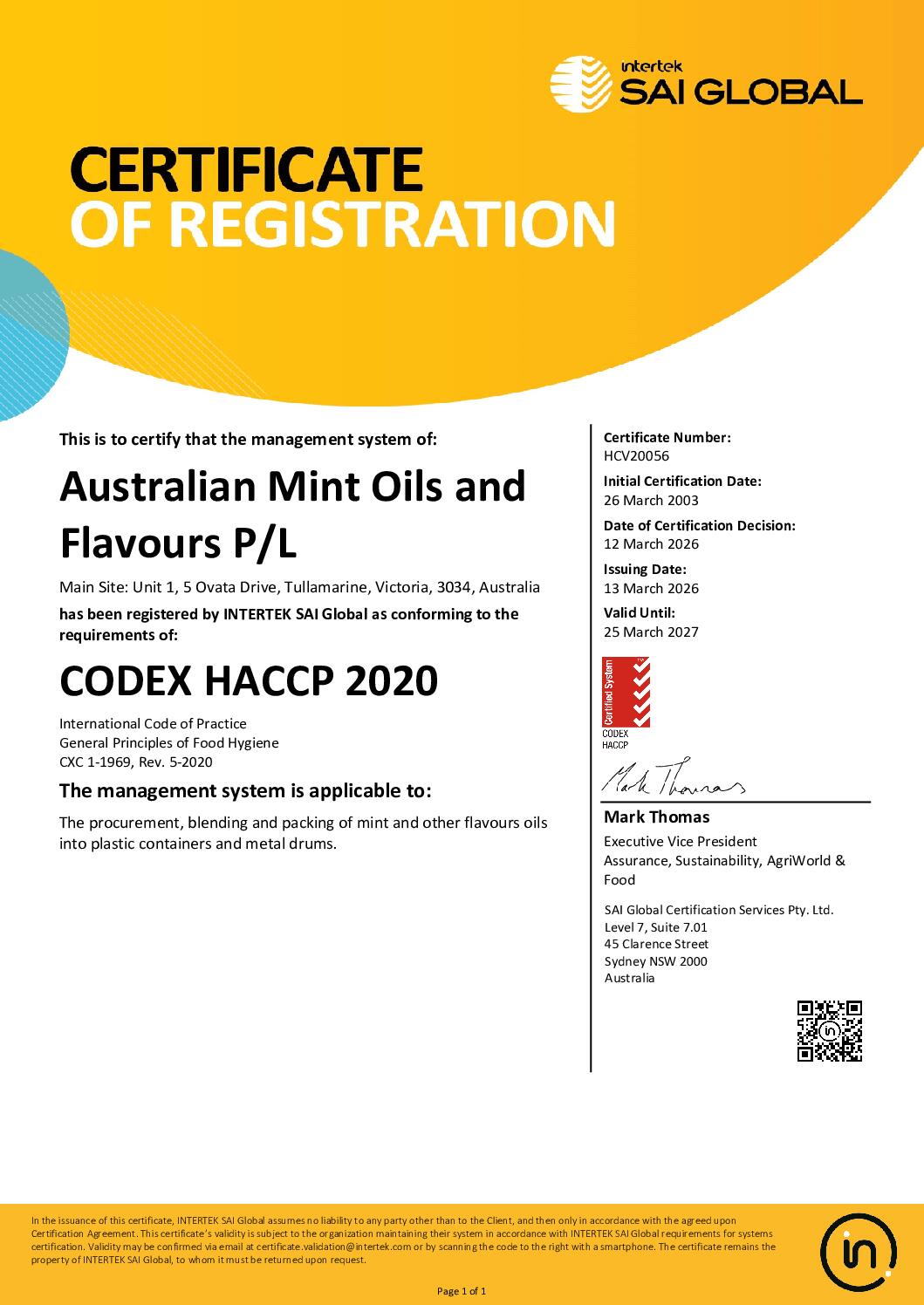 AMOF HACCP Certificate